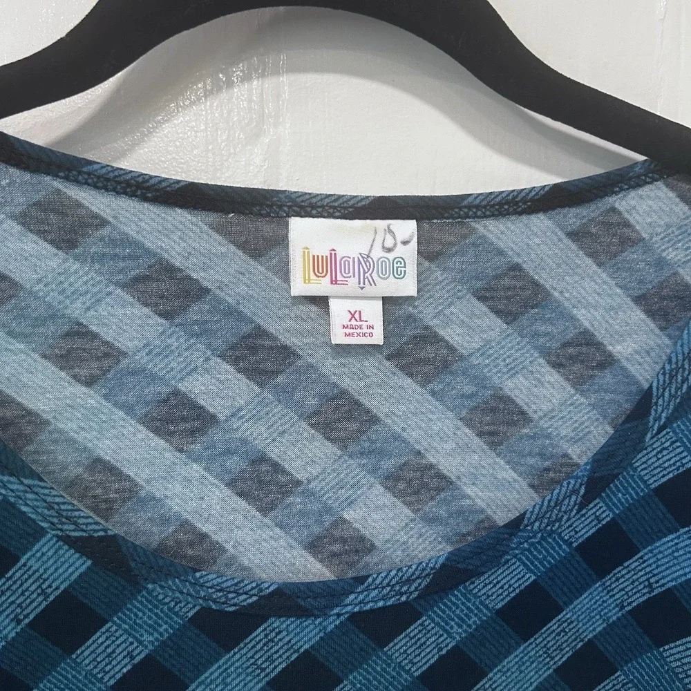 LuLaRoe Blue Black Diagonal Plaid Short Sleeve HiLow Tunic XL Simply Comfortable